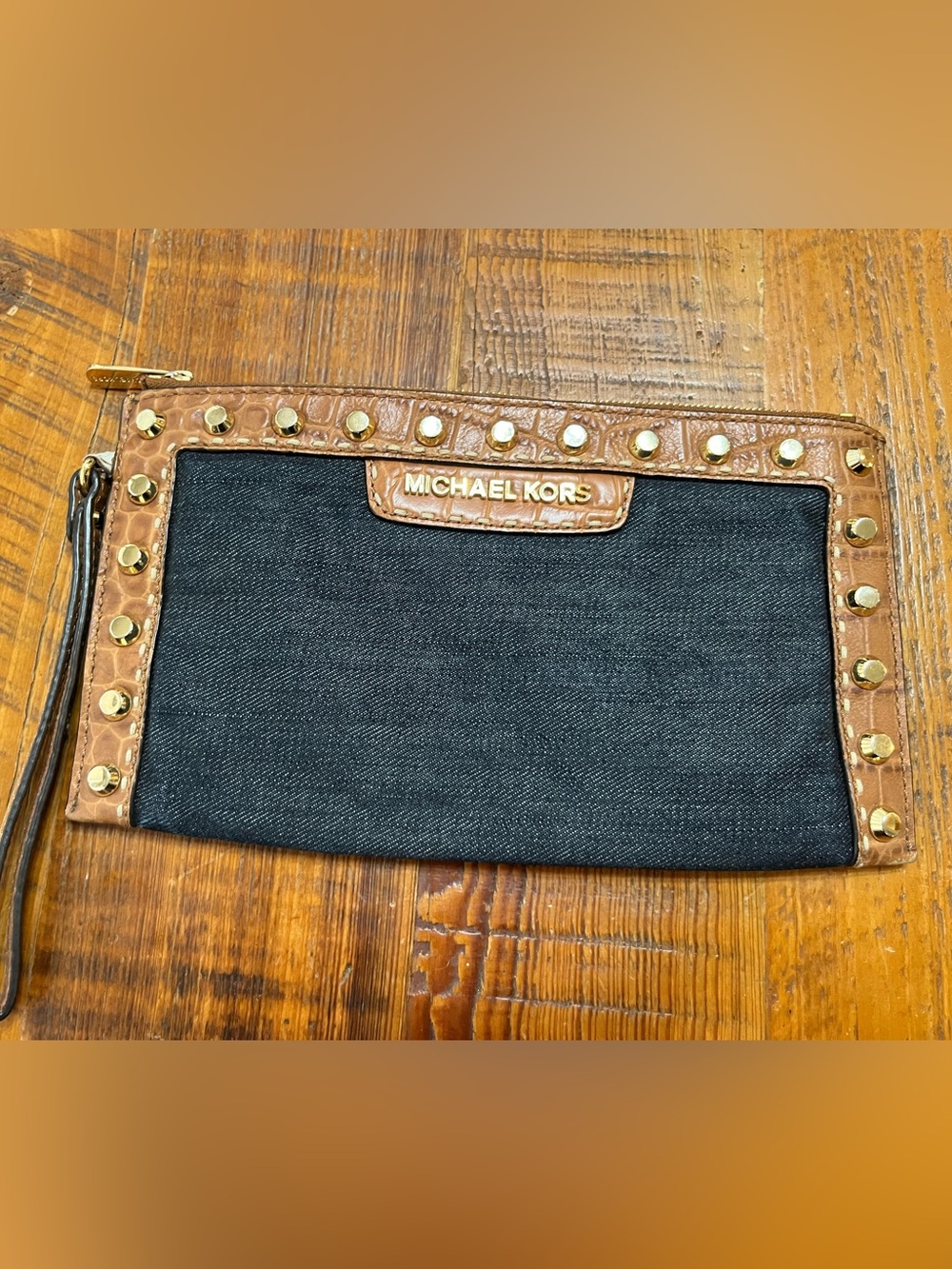 Michael Kors Denim Canvas and Leather Studded Wristlet